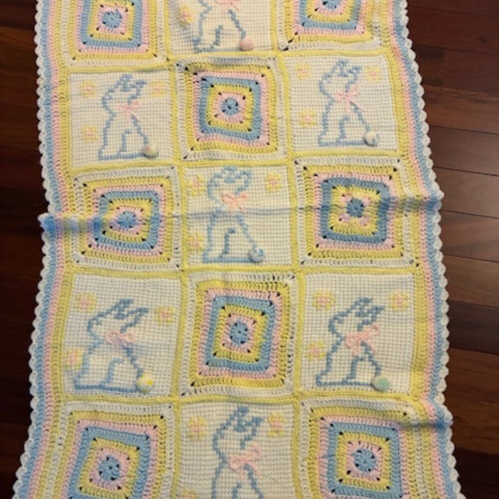 Vtg 90's Handmade Pink Blue Yellow Bunny Crocheted Baby Afghan Blanket 30"x48"